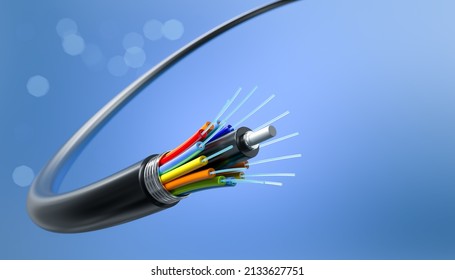 Fiber optic network, speed data connection cable technology background, 3d illustration.