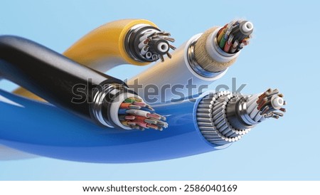 Fiber optical internet cable of various types. Cross section layers structure of fiber cables. 3d illustration