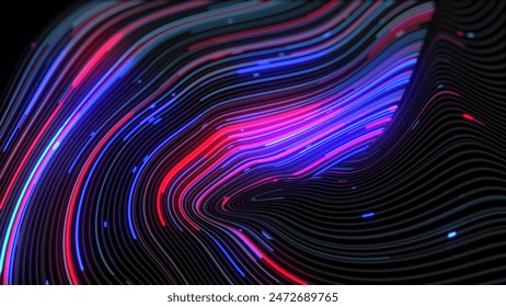 The Fiber Optics Digital Data Flow. 
An abstract digital art piece depicting fiber optic data flow. Vibrant red and blue streaks of light move across a dark, wavy background.