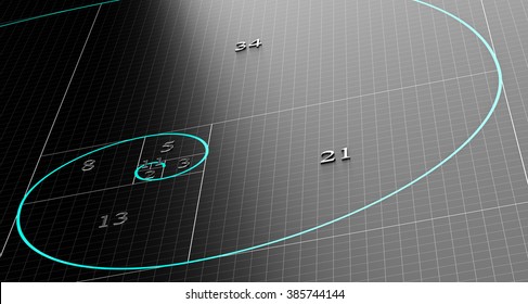 Fibonacci Spiral Over 3d Black Background With Grid. Science Or Mathematics Concept Illustration.