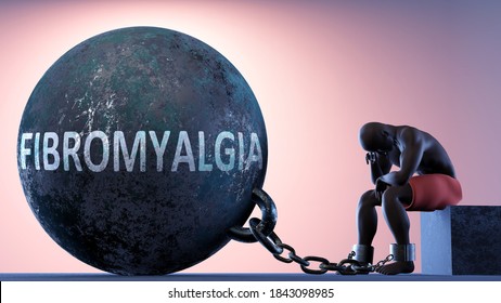 Fibromyalgia as a heavy weight in life - symbolized by a person in chains attached to a prisoner ball to show that Fibromyalgia can cause suffering, 3d illustration