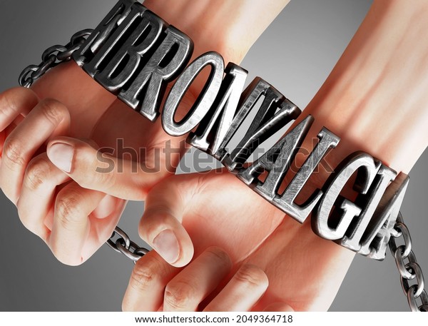 Fibromyalgia restricting life and freedom,\
bringing enslavement, pain and misery to human life - symbolized by\
chains and shackles made of metal word Fibromyalgia on a person\'s\
hands, 3d\
illustration