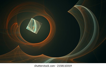 Fictional 3d composition of digital shapes such as square and circles, waves and curves which create weird psychedelic night scene. Great for design as blank for further artistic ideas or as print.