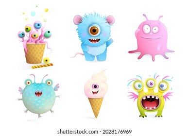 Fictional Monsters Characters Collection For Kids. Cute And Sweet Fairytale Funny Creatures Clip Art Set Isolated On White Imaginary Animals.