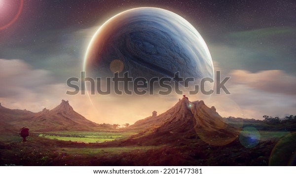 Fictional planet with\
mountains landscape, green meadow and clouds. Sunset with blue\
planet in the\
background