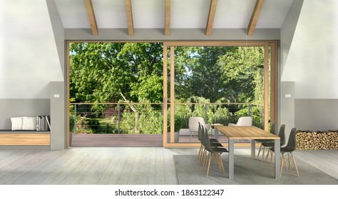 fictitious 3D interior with modern living room, window, french doors, balcony and view to the garden - the books are fictitious