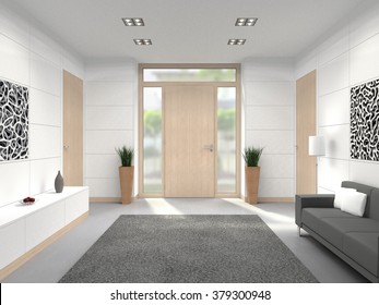 Fictitious 3D Rendering Of A Modern Lobby Interior With Wooden Front Door