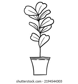 Fiddle Leaf Ficus In A Pot In Black Line Outline Cartoon Style. Coloring Book Houseplants Flowers Plant For Interrior Design In Simple Minimalist Design, Plant Lady Gift.