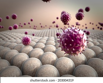 field of cells, macrophages attack the cells, viruses attack the cells, action of the human immune system 