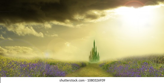 field of flowers with emerald city  on horizon