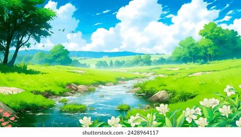 A field with a flowing stream, beautiful natural backgrounds, a summer day with a stream and blue sky over fields, anime style backgrounds, animation backgrounds, fluffy clouds - Powered by Shutterstock