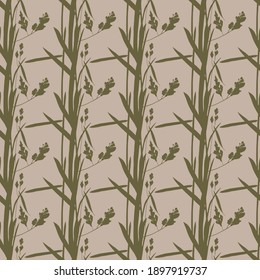 Field herbs on the dark-beige background.Pattern. 2D illustration. Botanical drawing. Wallpaper design. Textile style. Cosmetical. Decorative element.Green herbs. Summer field. Wallpaper pattern.
