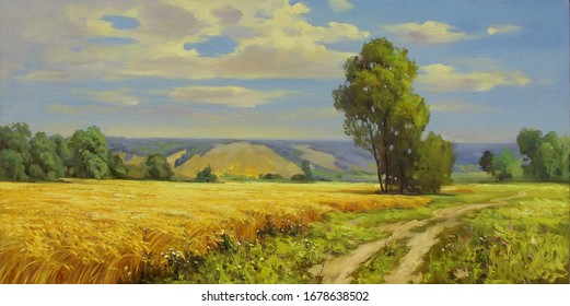 Field Road Near A Wheat Field,oil Paintings,handmade Painting,rural Landscape, Fine Art, Wheat Field, Tree, Summertime, Nature, Sky