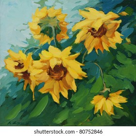 field with sunflowers drawn on a canvas oil,  illustration, painting