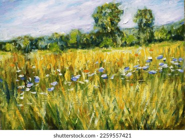 Fields path road nature trees flowers fence impression painting big sky