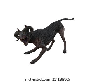 Fierce Aggressive Hell Hound Demon Dog. 3D Rendering Isolated On White Background.