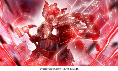 fierce dwarf warrior, in heavy runic armor of gilded plates, he shouts loudly emitting red lightning through his twin hammers illuminating everything around him, he is preparing to fight. 3d rendering