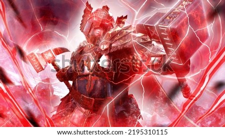 fierce dwarf warrior, in heavy runic armor of gilded plates, he shouts loudly emitting red lightning through his twin hammers illuminating everything around him, he is preparing to fight. 3d rendering