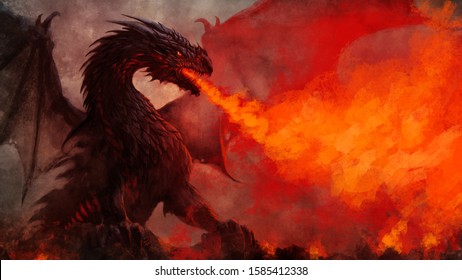 Fierce Fantasy Black Winged Dragon Illustration