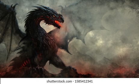 Fierce fantasy black winged dragon illustration