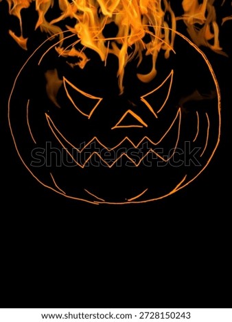 A fierce jack-o'-lantern ablaze with flames, glowing menacingly against a pitch-black backdrop