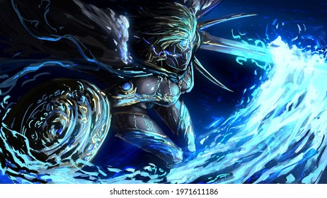 A Fierce Valkyrie With A Shield And A Huge Sword Flies Through The Sky Cutting The Air With A Fiery Dance, Her Eyes Sparkle With Lightning, She Looks With Hatred . 2d Illustration