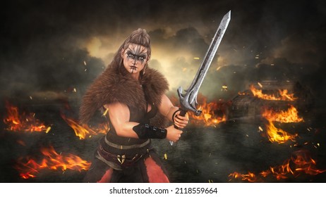 Fierce Viking Barbarian Woman Fighting With A Sword On A Burning Battleground. 3D Rendering.