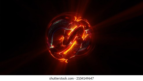 fiery explosion on black.  graphics of orange fire ball, particle energy sphere. Abstract technology, science, engineering, and artificial intelligence motion background. 3D rendering