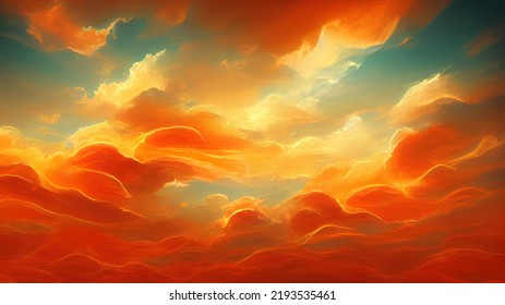 Fiery orange dramatic cloudy sunset sky. Colorful colors of dawn. Incredible beauty. A beautiful and colorful abstract nature background. Illustration 3d