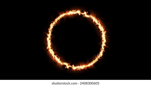 Fiery ray generated in a circle frame sparks and flares background. Fire moving in circular design illuminated inferno blaze glowing background with burns dusts and gas. Eclipse fireball animation.