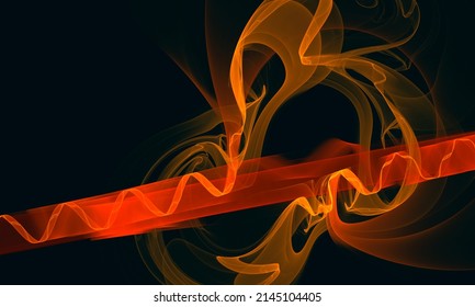 Fiery red hot digital snakes, blazing flames and burning tongues in chaotic motion in deep dark space. Artistic 3d illustration of dragon power and energy inspired by Asian culture. Great for design.