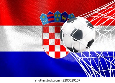 FIFA World Cup 2022, Croatia National Flag With A Soccer Ball In Net, Qatar 2022 Wallpaper, 3D Work And 3D Image. Yerevan, Armenia - 2022 September 16