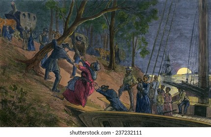 Fifteen fugitive slaves arriving in Philadelphia along the banks of the Schuylkill River in July 1856, Engraving from William Still's history UNDERGROUND RAILROAD 1872 with modern watercolor.