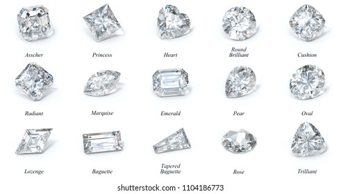 Fifteen popular diamond cut styles with names on white background. 3D rendering illustration