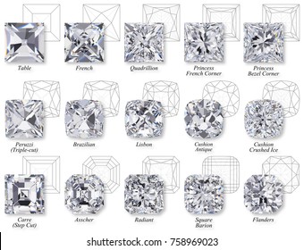Fifteen varieties of square shape diamond cut styles with names, schematic facet diagrams, top view isolated on white background. 3D rendering illustration.
