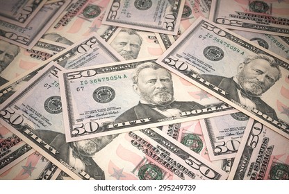 Fifty dollar banknotes stacks close-up (depth of field)