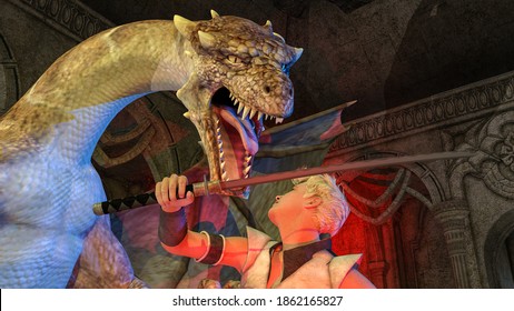 Fight Against Dragon. Fighter With Sword Against Dragon. 3D Illustration, 3D Rendering, 3D Art.