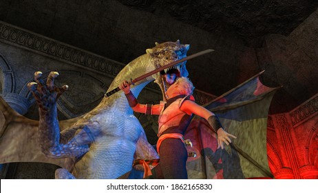 Fight Against Dragon. Fighter With Sword Against Dragon. 3D Illustration, 3D Rendering, 3D Art.