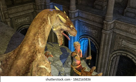 Fight Against Dragon. Fighter With Sword Against Dragon. 3D Illustration, 3D Rendering, 3D Art.