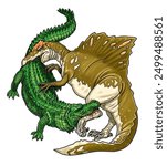 Fight between two predatory dinosaurs: Spinosaurus against the gigantic crocodile Deinosuchus. Battle of the dinosaurs. Dinosaur colored drawing.