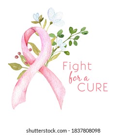 Fight for a cure. Watercolor breast cancer awareness concept. Pink ribbon with flowers isolated on the white background.