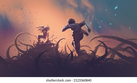 The Fight Scene Between The Hero And The Villain, Digital Art Style, Illustration Painting