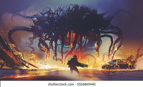 fight scene between the human and giant monster, the man battling alien at night, digital art style, illustration painting