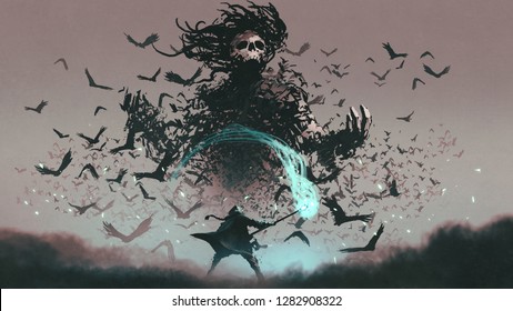fight scene of the man with magic wizard staff and the devil of crows, digital art style, illustration painting
