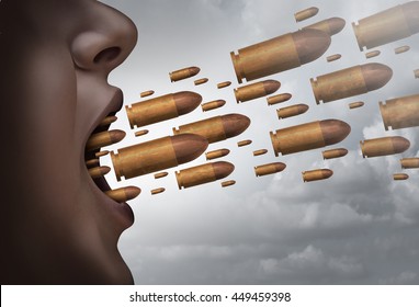 Fight with words social issue concept as a person screaming with bullets flying out of the mouth as a metaphor for strong communication and aggressive shouting with 3D illustration elements.