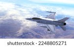 Fighter Jet Flying High Above The Clouds. Ready For Air Attack. War And Air Force Related 3D Illustration Render.