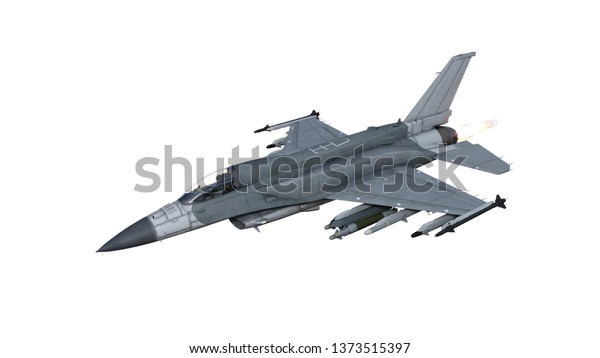 Fighter jet plane in\
flight, military aircraft, army airplane isolated on white\
background, 3D\
rendering
