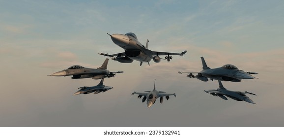 fighter jet squadron flying in line in the sky. 3d, rendering, illustration,