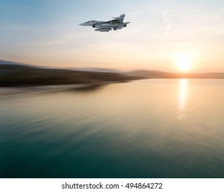 Fighter jet at sunrise / 3d render