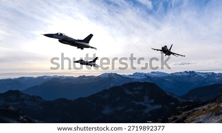 Fighter jets surge across a sharp mountain ridge, a dramatic alpine landscape showcasing precision flight. 3d Rendering Military Aircraft. Background image from British Columbia, Canada